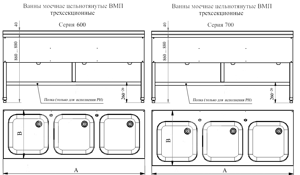 ВМП чертеж ванны моечной трех секционной.
