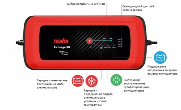 T-CHARGE 20 зарядное устройство Telwin, экран.