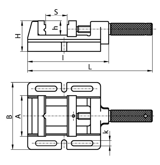 Тиски станочные сверлильные, тип 3424, схема с размерами.