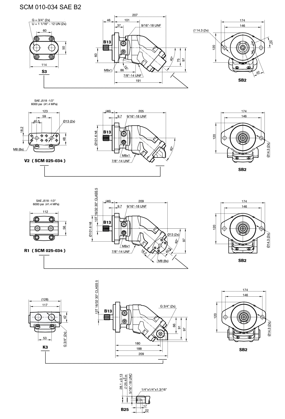 SCM 010-034 SAE B2. Гидромоторы аксиально-поршневые, схема с размерами.