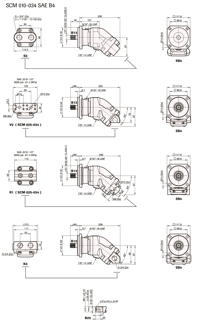 SCM 010-034 SAE B4. Гидромоторы аксиально-поршневые, схема с размерами.