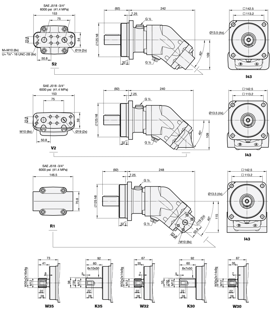 SCM 040-064 ISO Гидравлические моторы аксиально-поршневые, схема, размеры.