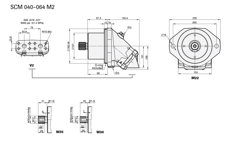 SCM 040-064 M2. Гидромоторы аксиально-поршневые, размеры, схема.