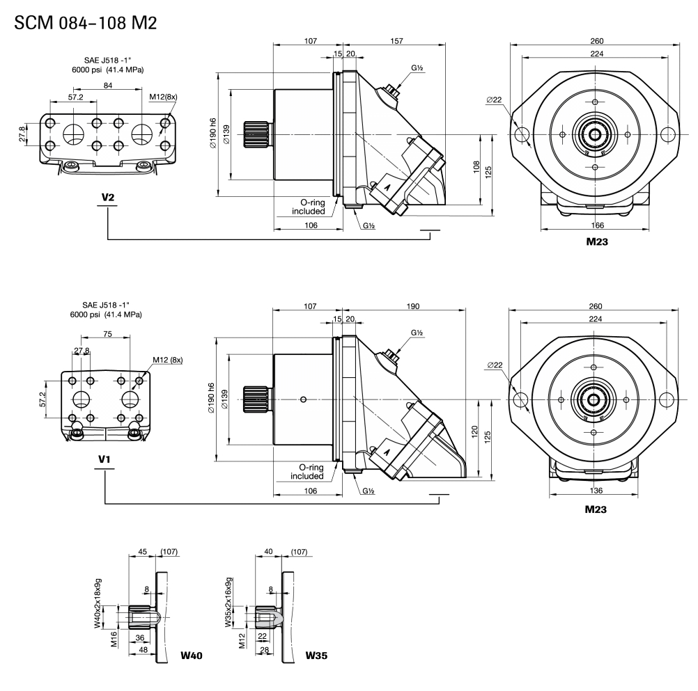SCM 084-108 M2. Гидромоторы аксиально-поршневые, размеры, схема.