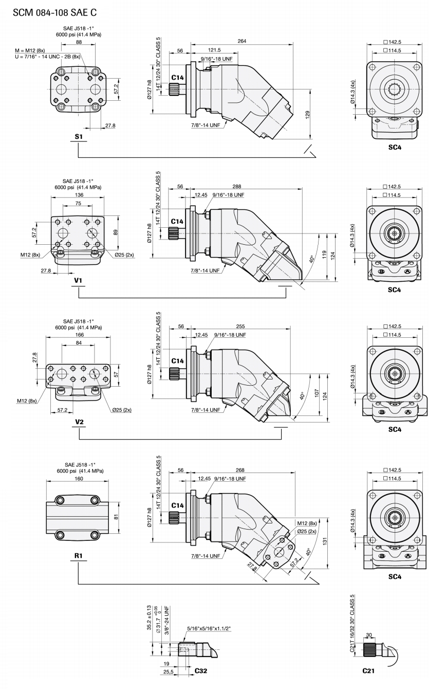 SCM 084-108 SAE C. Гидромоторы аксиально-поршневые, схема, размеры.