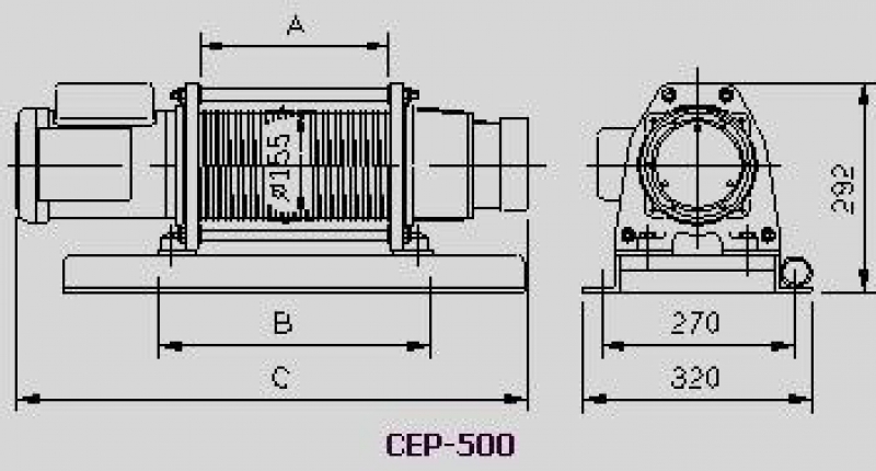 Электрическая универсальная лебедка CEP-500, размеры.